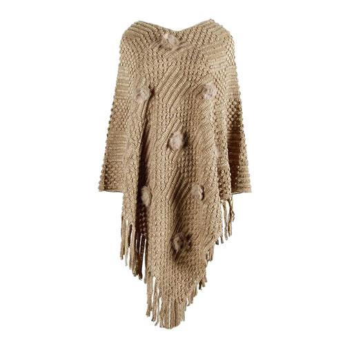 poncho femme fin a pompons taupe 3