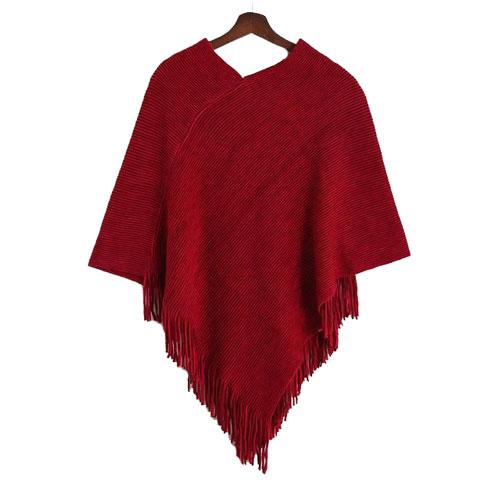 poncho femme laine a frange rouge 4